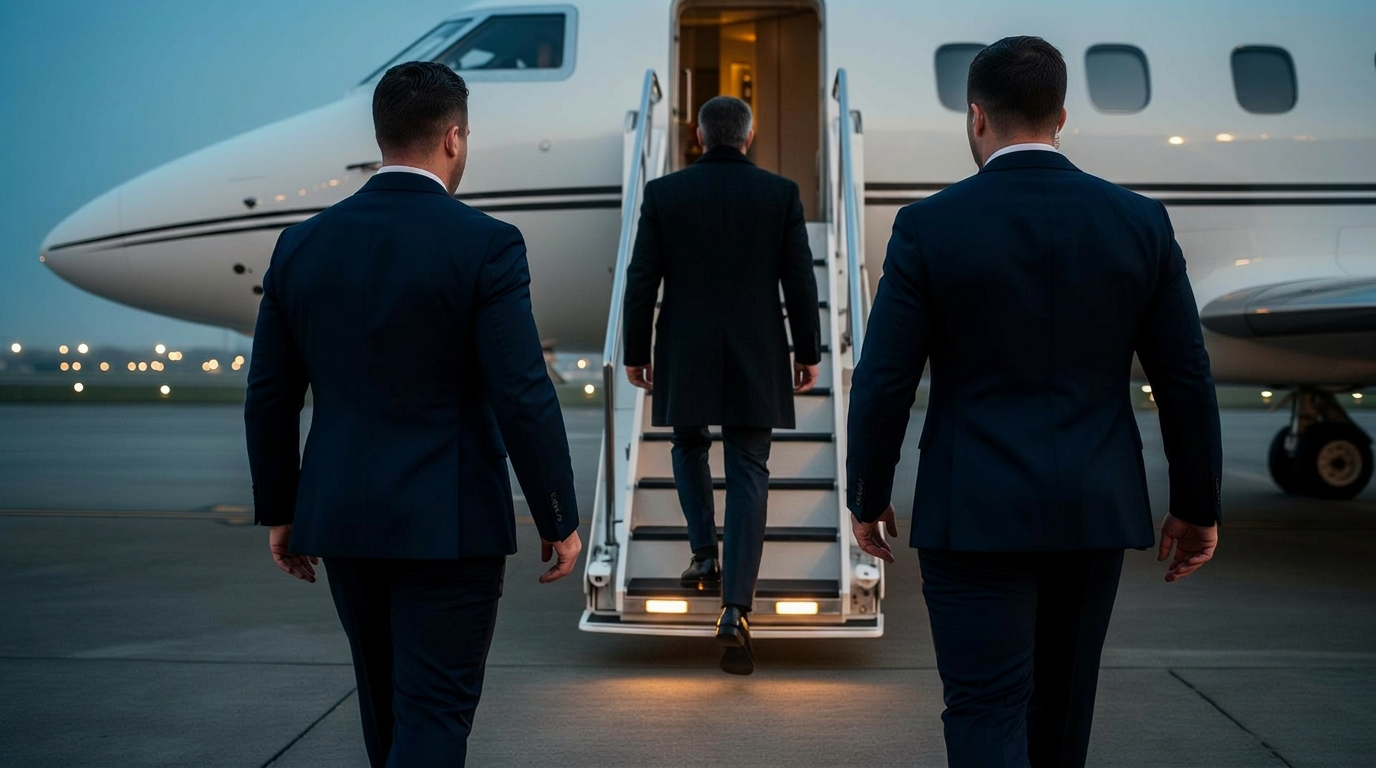 Security team beside a private jet